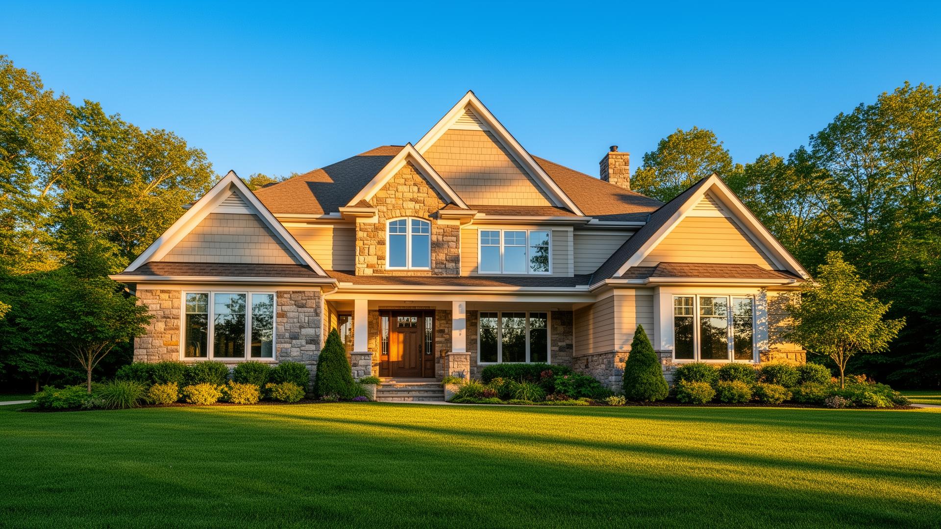 Professional window cleaner washing exterior windows of a Hudsonville Michigan home with a water-fed pole